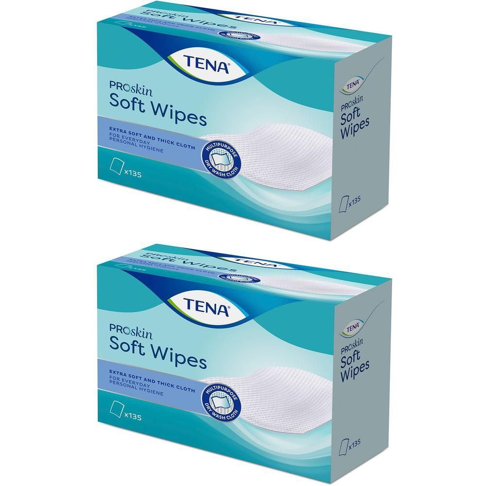 Zwei Packungen TENA ProSkin Soft Wipes. Blaue Verpackung mit Produktname und Logo. Enthält 135 Tücher.