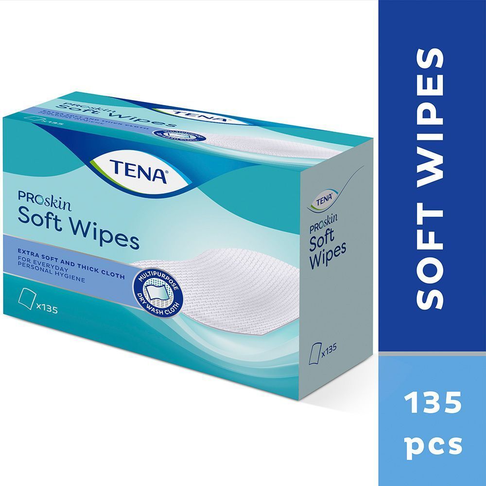 TENA ProSkin Soft Wipes Packung. Blaue Verpackung mit Produktname und Logo. Enthält 135 Tücher. Aufdruck 'Soft Wipes'.