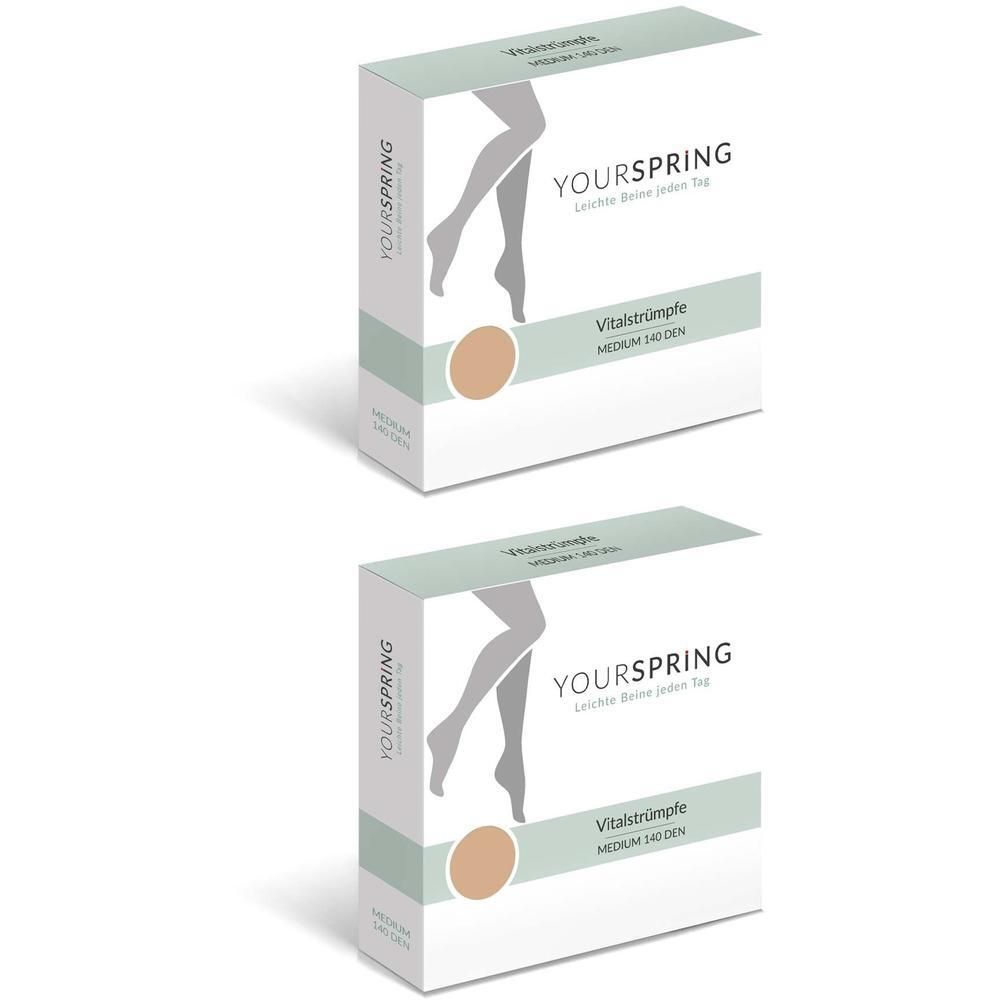 Zwei Packungen Strümpfe. Aufschrift: YOURSPRING, leichte Beine jeden Tag, Vitalstrümpfe, MEDIUM 140DEN. Farbkreis.