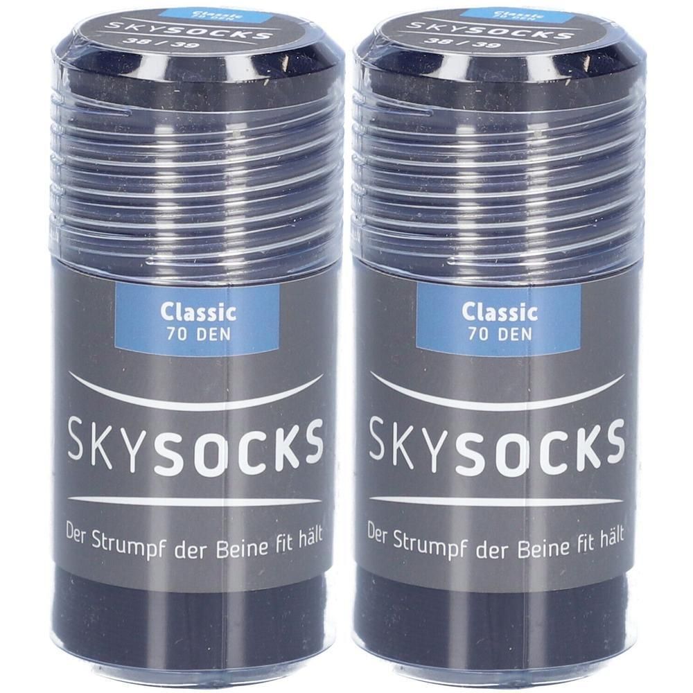Zwei zylindrische Verpackungen mit SKYSOCKS Classic 70 DEN. Aufschrift: 38/39. Schwarze Strümpfe in Plastik verpackt. Text: Der Strumpf der Beine fit hält.