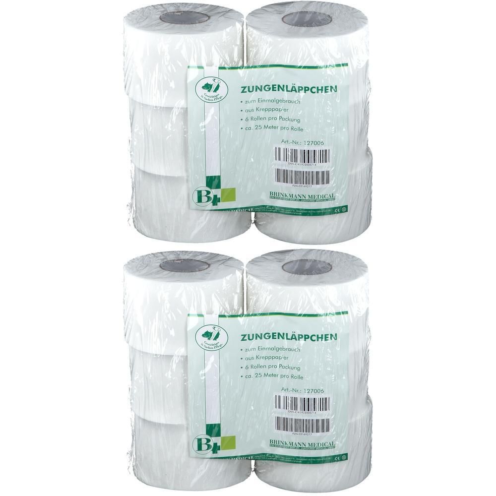 Mehrere Rollen weißes Kreppapier, verpackt in Folie. Aufdruck mit Produktbezeichnung und Barcode. Marke Brinkmann Medical.