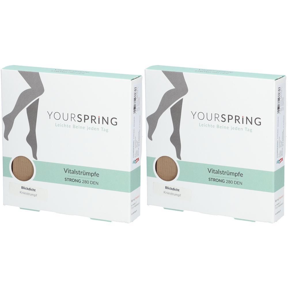 Zwei Kartons mit Strümpfen. Aufschrift YOURSPRING, Vitalstrümpfe STRONG 280 DEN. Farbe Honig. Illustration von Beinen.