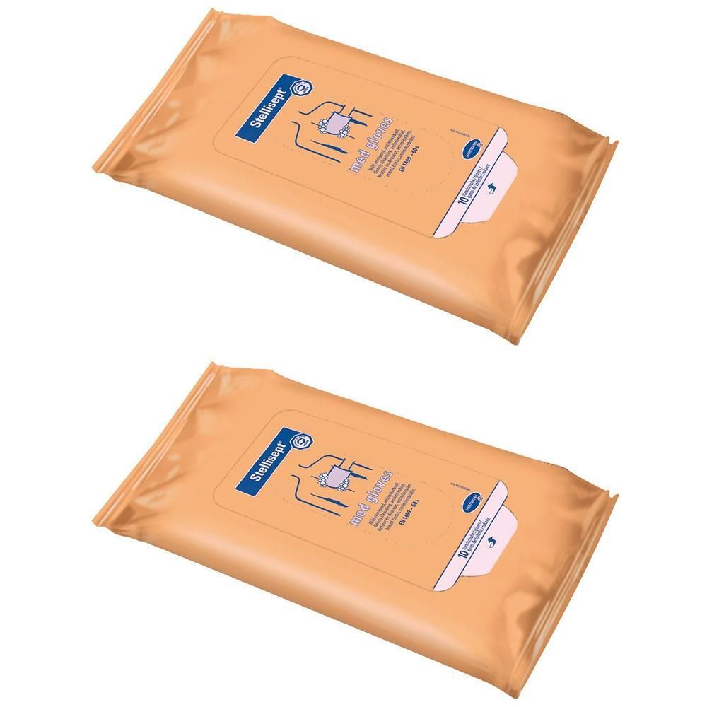 Zwei Packungen mit Reinigungstüchern. Aufschrift Stellisept. Beige Verpackung mit blauer und weißer Beschriftung.