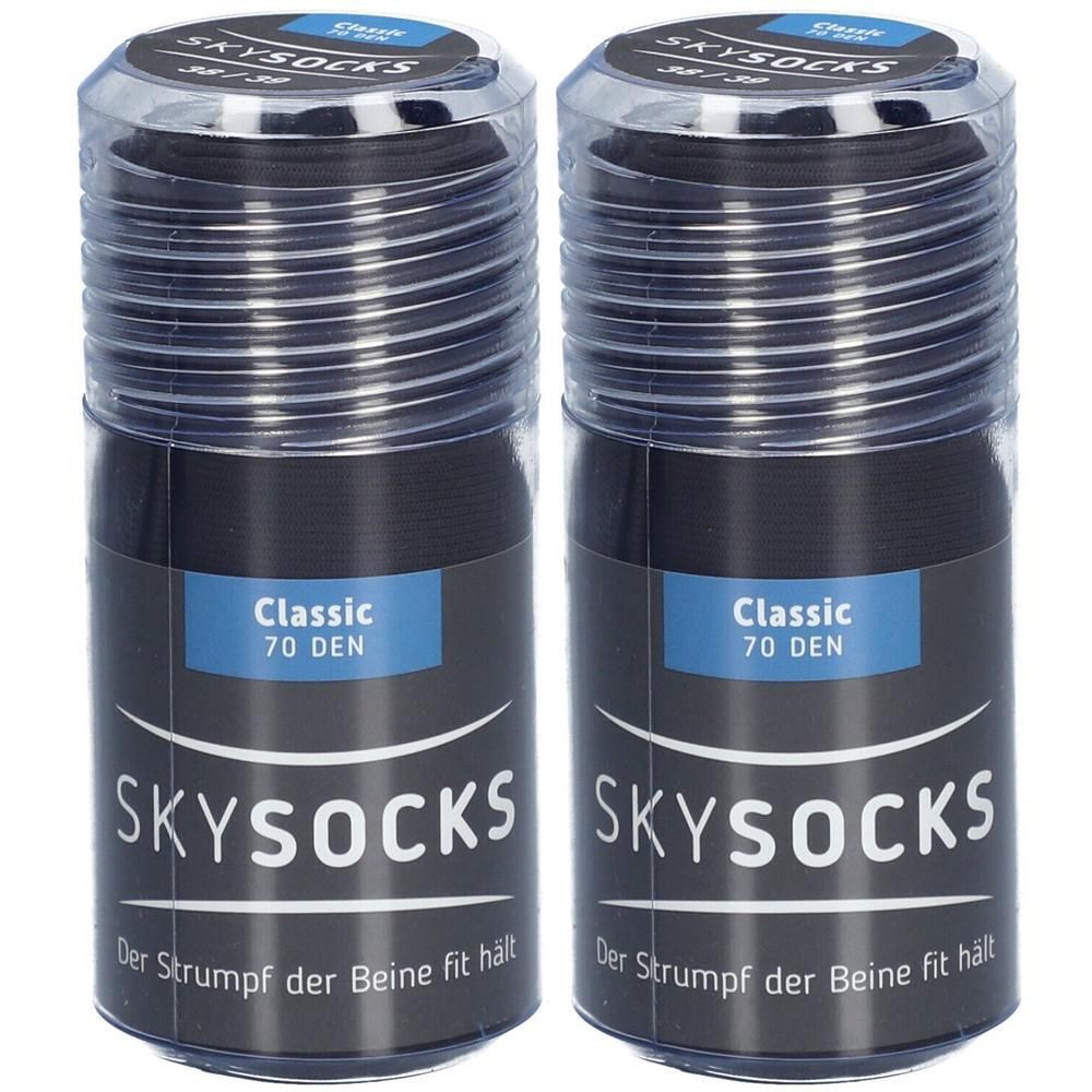 Zwei zylindrische Behälter mit schwarzen Strümpfen. Auf den Etiketten steht "SKYSOCKS Classic 70 DEN".