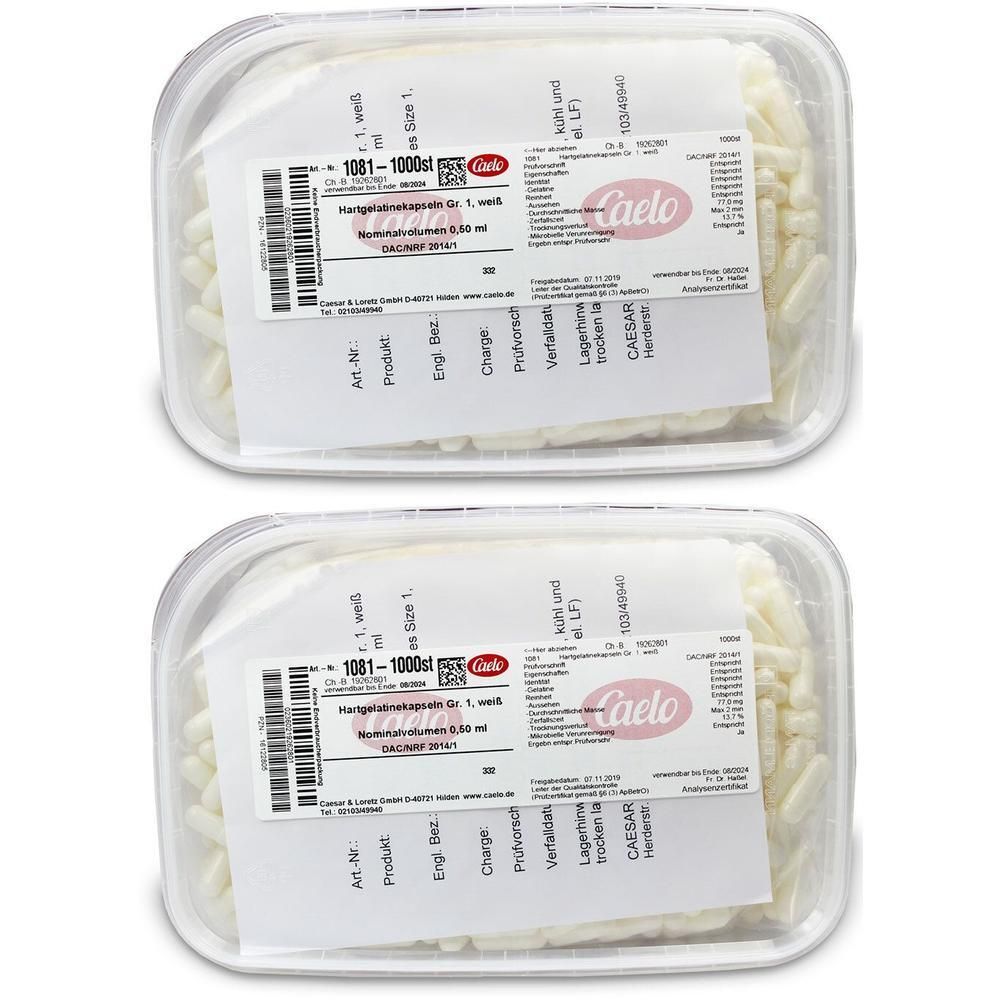 Zwei Packungen Hartgelatine Kapseln Gr. 1, weiß. Klare Kunststoffverpackung mit Etikett. Marke Caelo.