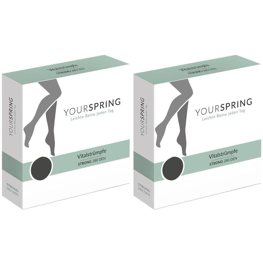 Zwei Schachteln Vitalstrümpfe STRONG 260 DEN von YOURSPRING mit Beinabbildung.