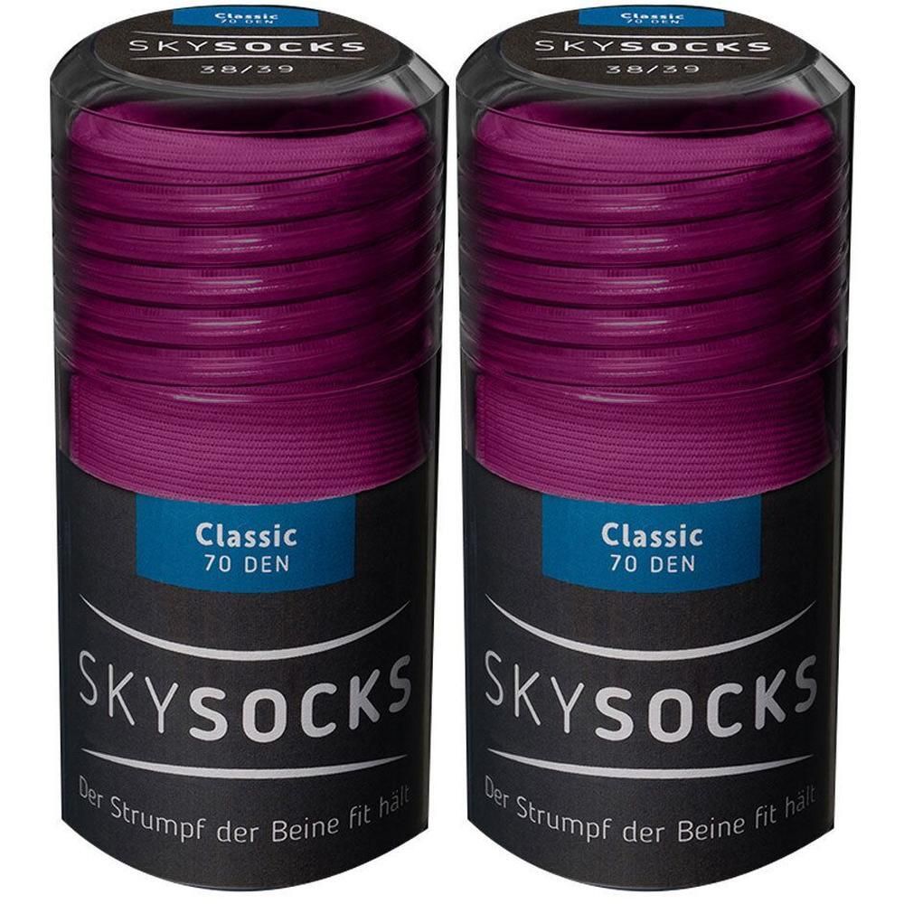 Zwei Packungen Strümpfe in zylindrischen Behältern. Aufschrift: SKYSOCKS, Classic 70 DEN. Farbe: Lila. Größe 38/39.