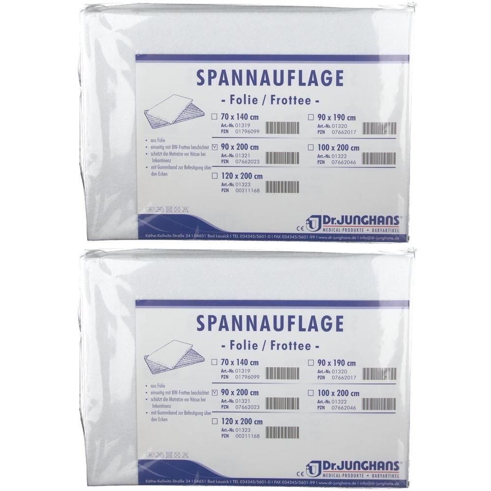 Zwei verpackte Spannauflagen. Auf der Verpackung steht "Spannauflage - Folie/Frottee-" und Größenangaben wie 90 x 200 cm. Marke: Dr. Junghans.