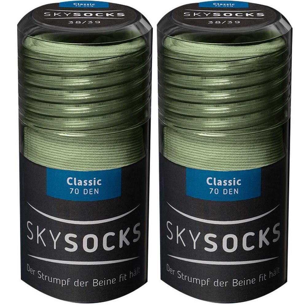 Zwei zylindrische Verpackungen mit grünen Strümpfen. Aufschrift: SKYSOCKS, Classic 70 DEN. Größe 38/39.
