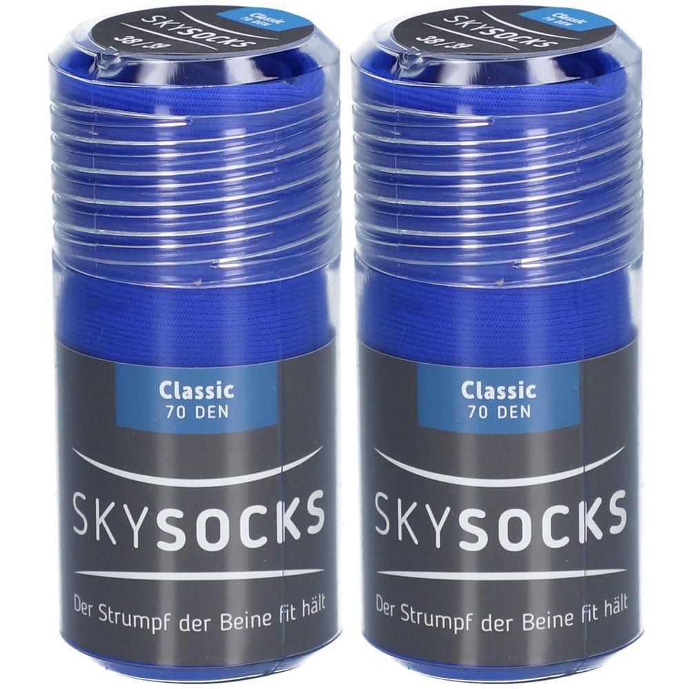 Zwei blaue Strümpfe in zylindrischen Verpackungen. Auf den Etiketten steht "SKYSOCKS Classic 70 DEN".