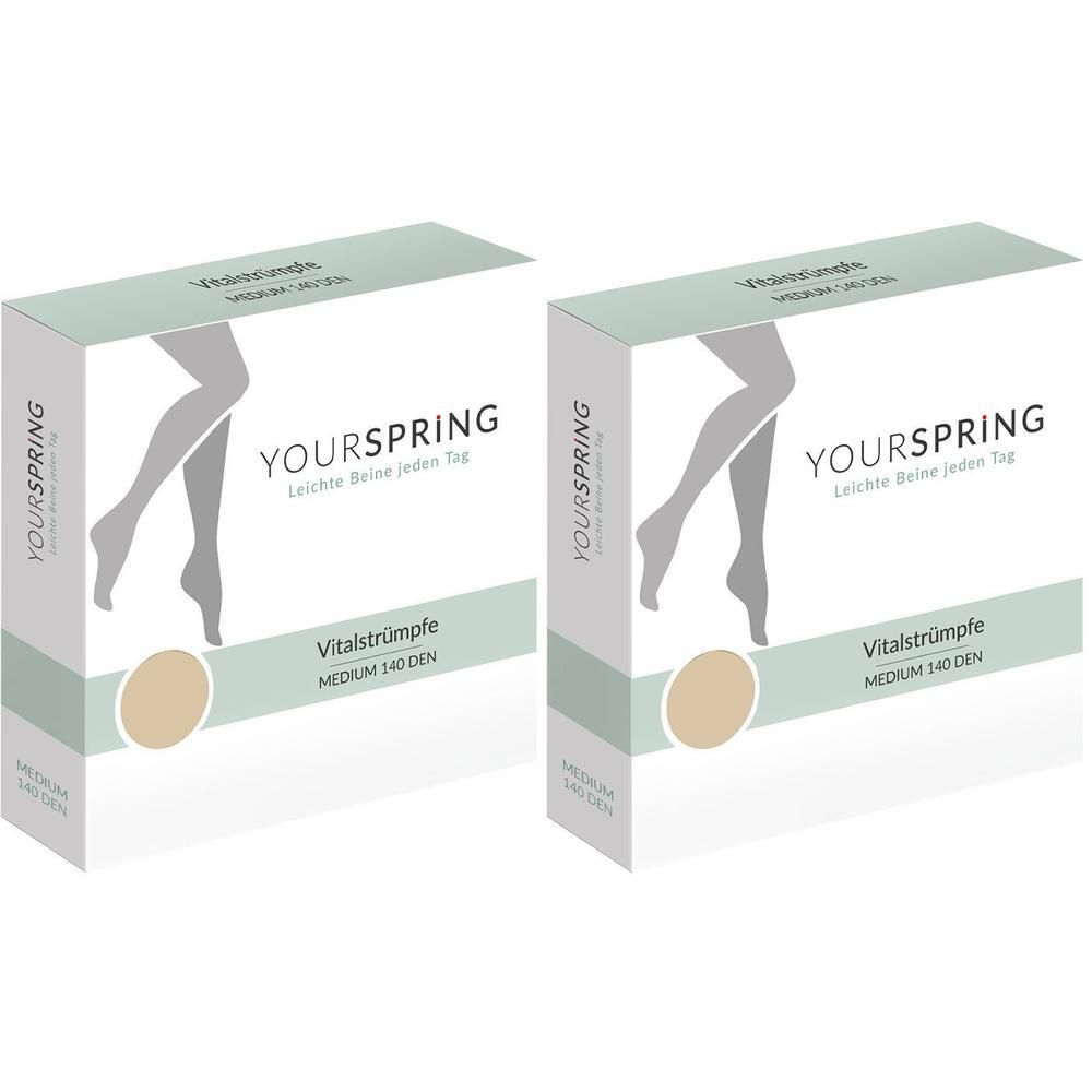 Zwei Produktverpackungen. Aufschrift: YOURSPRING, Vitalstrümpfe, MEDIUM 140 DEN. Farbe: Beige. Abbildung einer Bein-Silhouette.