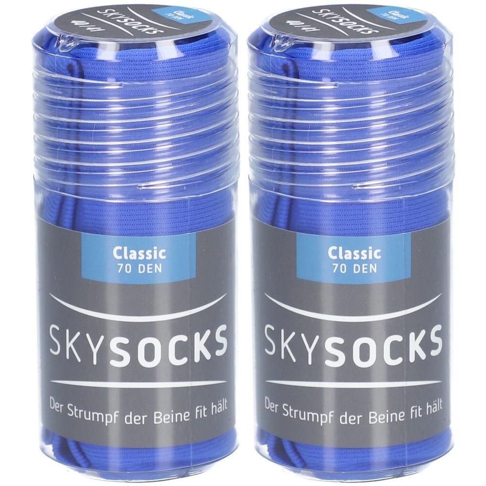 Zwei blaue Strümpfe in zylindrischen Verpackungen. Auf den Etiketten steht "SKYSOCKS Classic 70 DEN". Der Text lautet: "Der Strumpf der Beine fit hält".