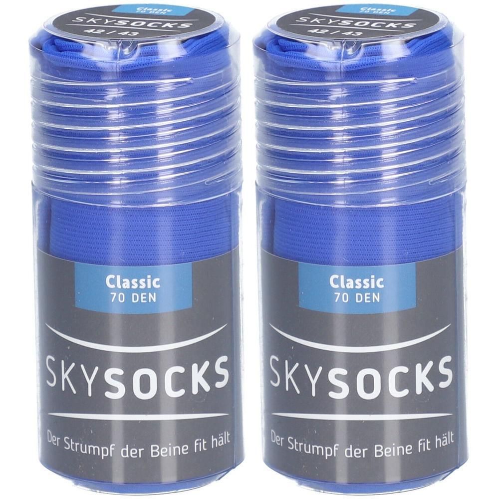 Zwei Paar blaue Skysocks Kompressionsstrümpfe, Classic 70 DEN, Größe 42/43, in durchsichtiger Verpackung.