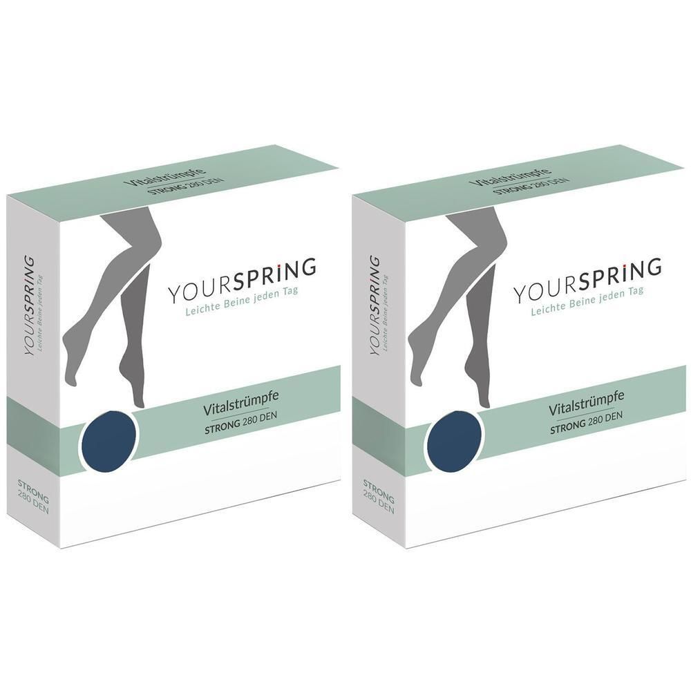 Zwei Produktverpackungen. Aufdruck: YOURSPRING, Vitalstrümpfe, STRONG 280 DEN. Farbe: blau. Abbildung: Bein mit Strumpf.