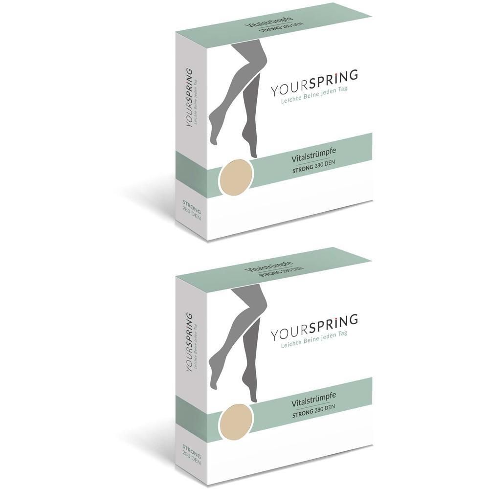 Zwei identische Kartons mit dem Aufdruck YOURSPRING. Aufschrift: Vitalstrümpfe STRONG 280 DEN. Farbe: Nuss. Abbildung von Beinen.