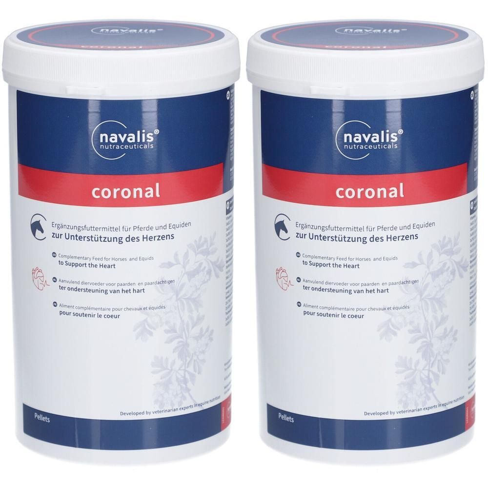 Zwei zylindrische Behälter mit Deckel. Aufschrift "navalis nutraceuticals coronal". Text: Ergänzungsfuttermittel für Pferde zur Unterstützung des Herzens.