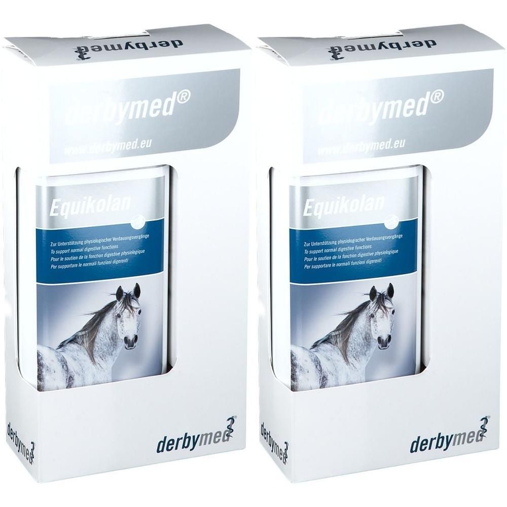 Zwei Packungen Equikolan in weißer Verpackung. Aufdruck: derby med®, Equikolan, ein Pferd. Verpackung mit Aufsteller.