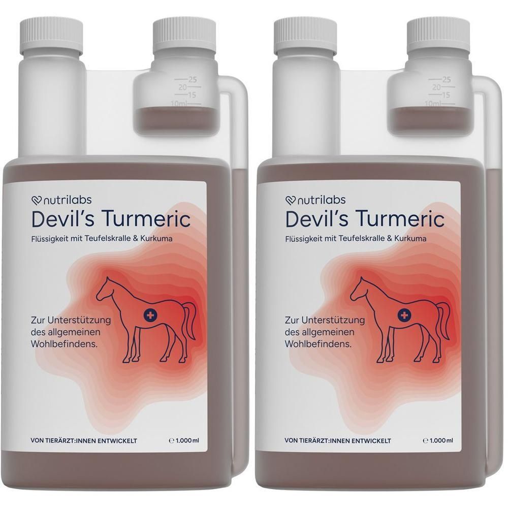 Zwei Flaschen mit Flüssigkeit. Aufschrift: Devil's Turmeric, Flüssigkeit mit Teufelskralle & Kurkuma. Abbildung eines Pferdes.