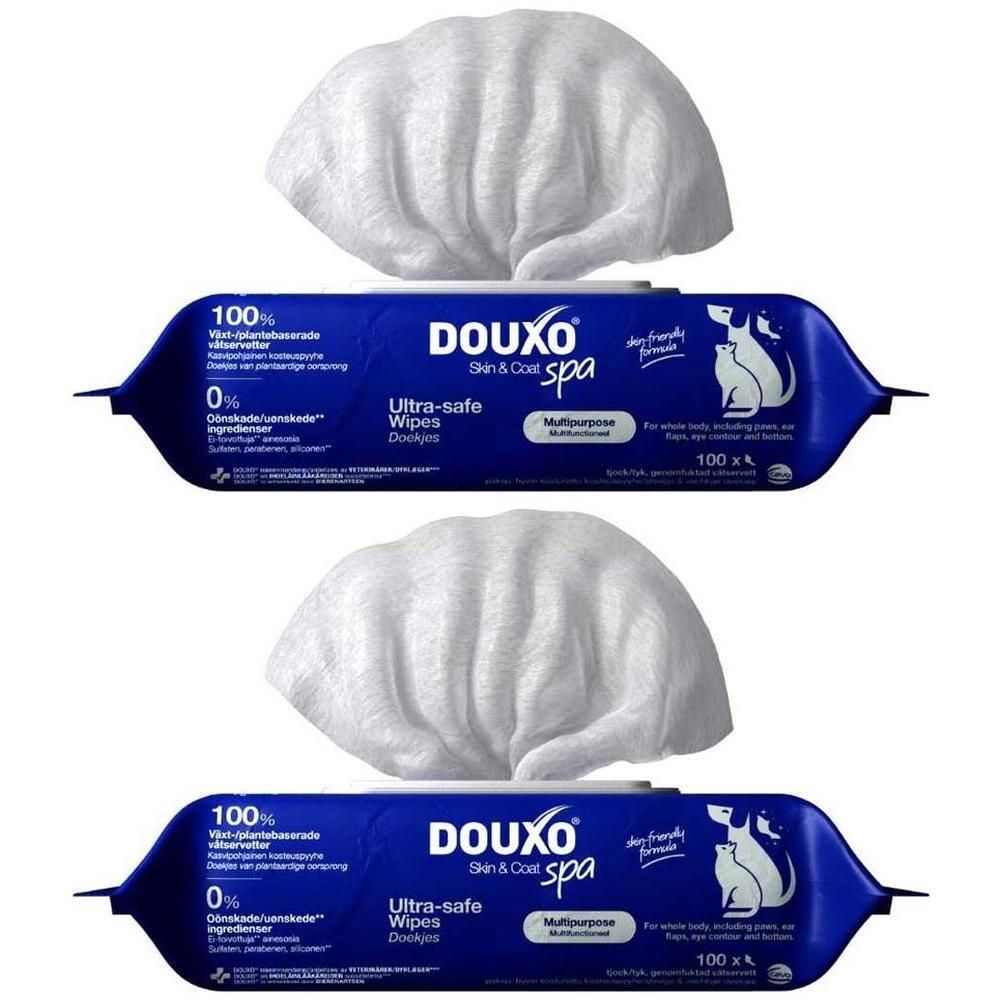 Zwei Packungen DOUXO® SPA Feuchttücher. Blaue Verpackung mit weißem Produkt. 100 Tücher pro Packung.