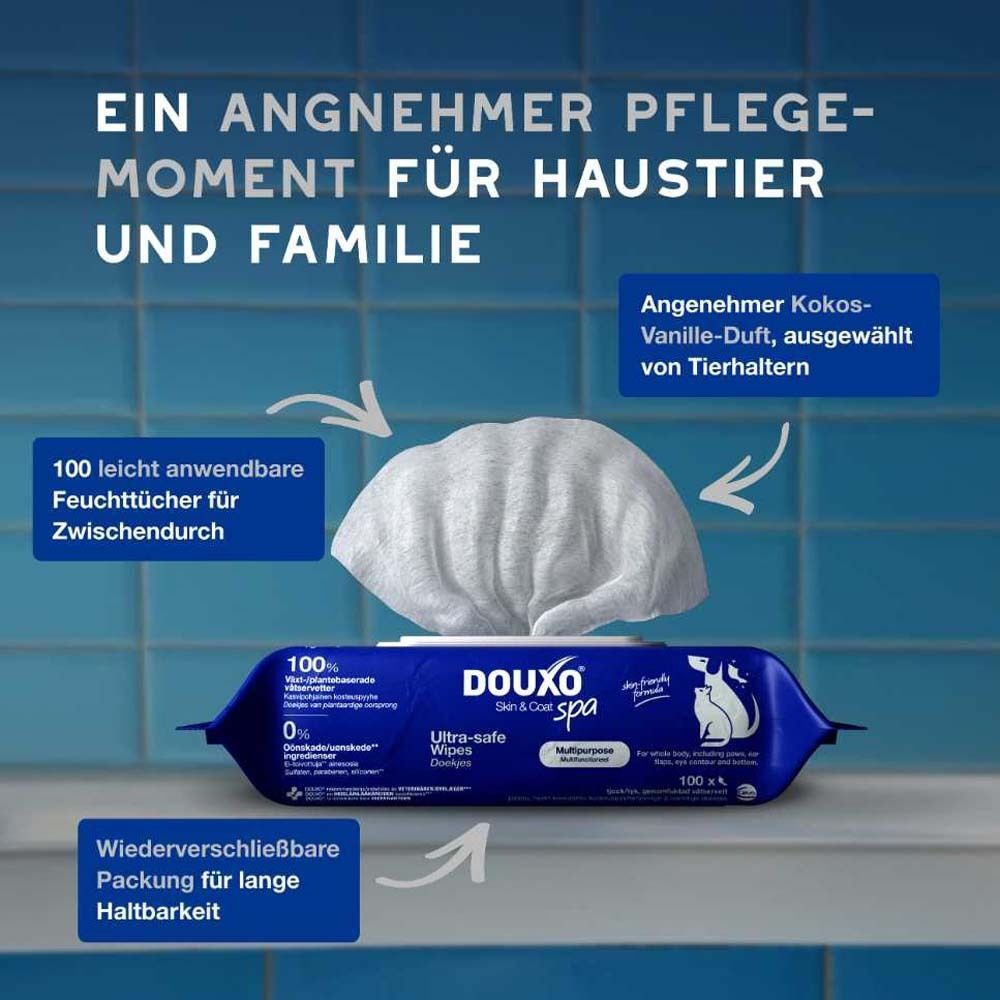 Feuchttücher-Packung mit Text. Text: Ein angenehmer Pflegemoment für Haustier und Familie. 100 Feuchttücher.