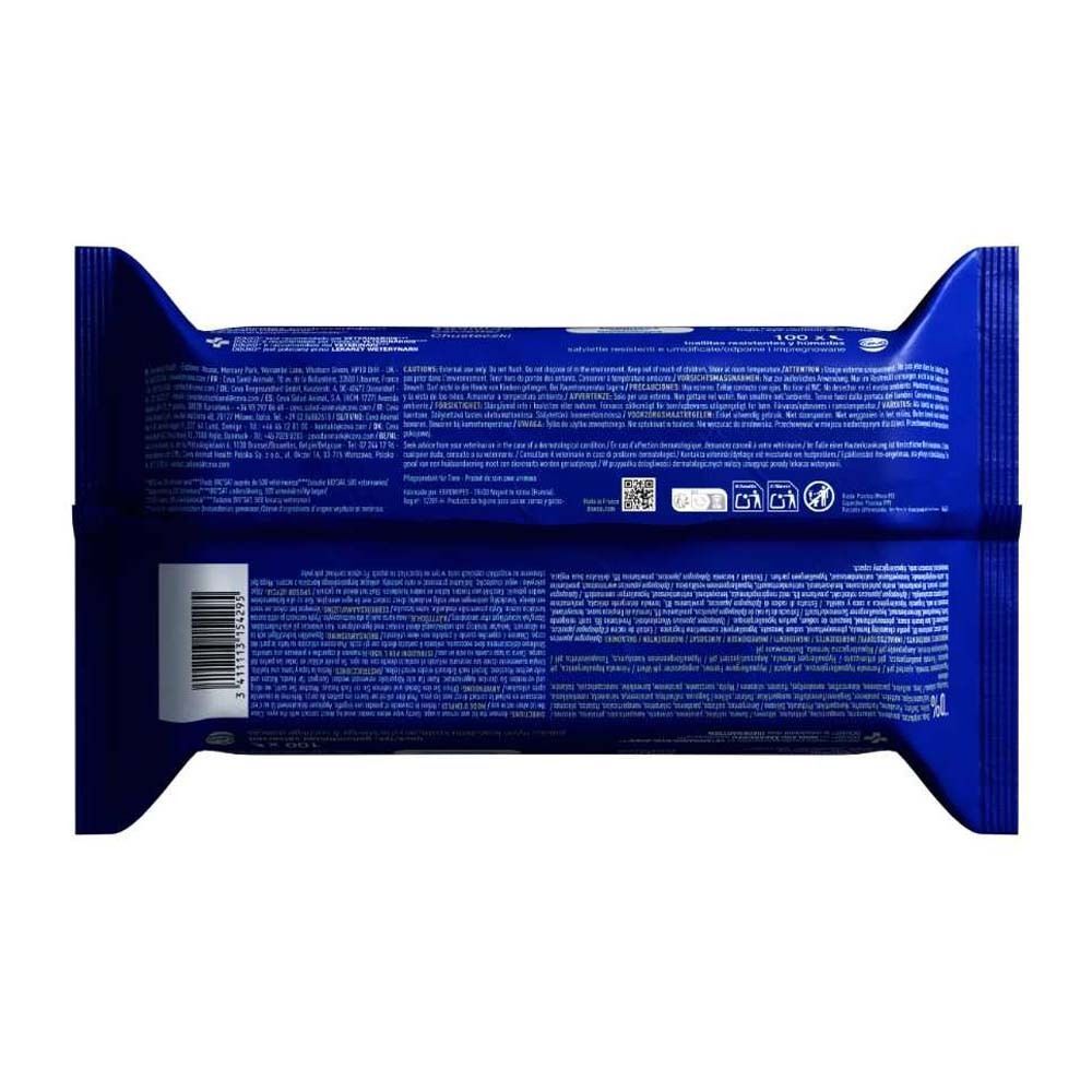 Rückseite der Feuchttücher-Packung. Text und Logos.
