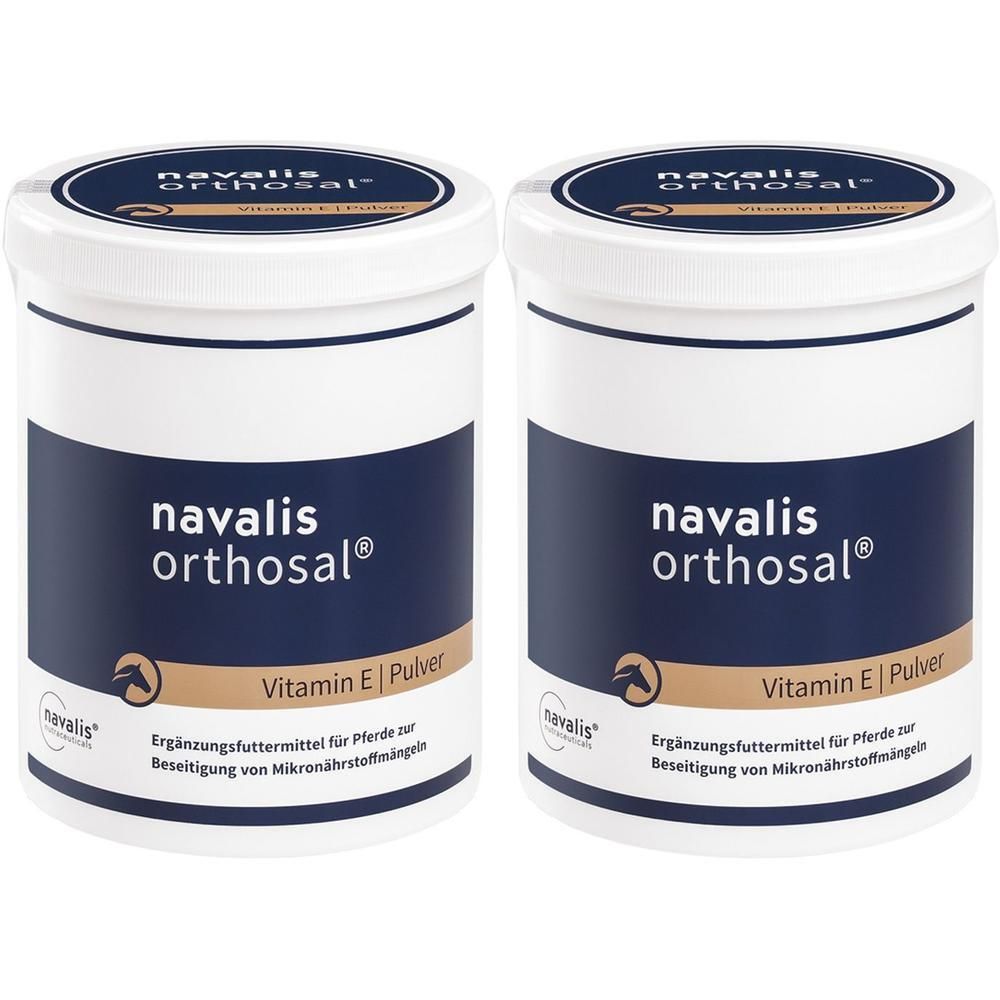 Zwei weiße Dosen mit blauem Etikett. Aufschrift: navalis orthosal Vitamin E Pulver. Ergänzungsfuttermittel für Pferde.