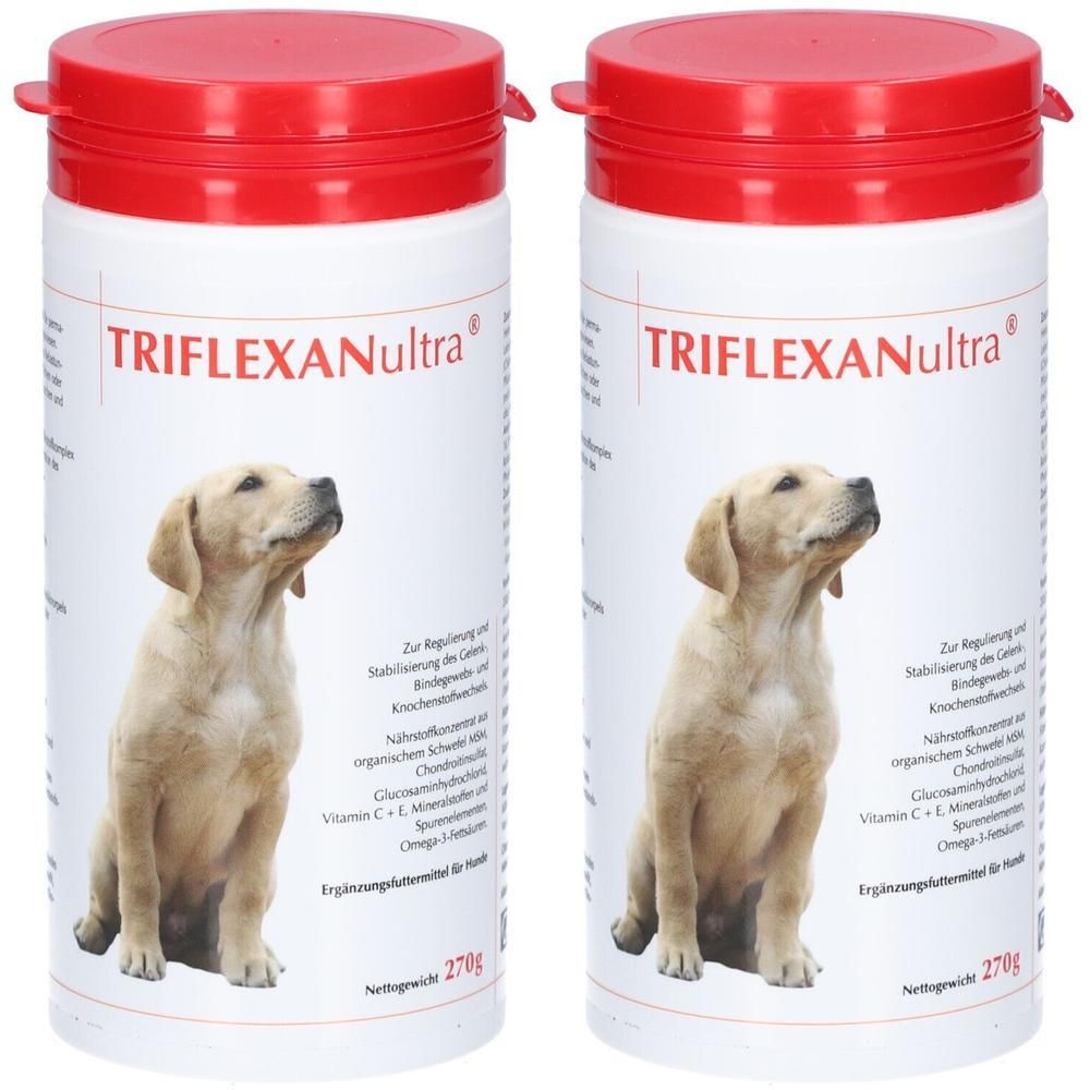 Zwei Dosen Triflexanultra mit Hundefutter für Hunde.