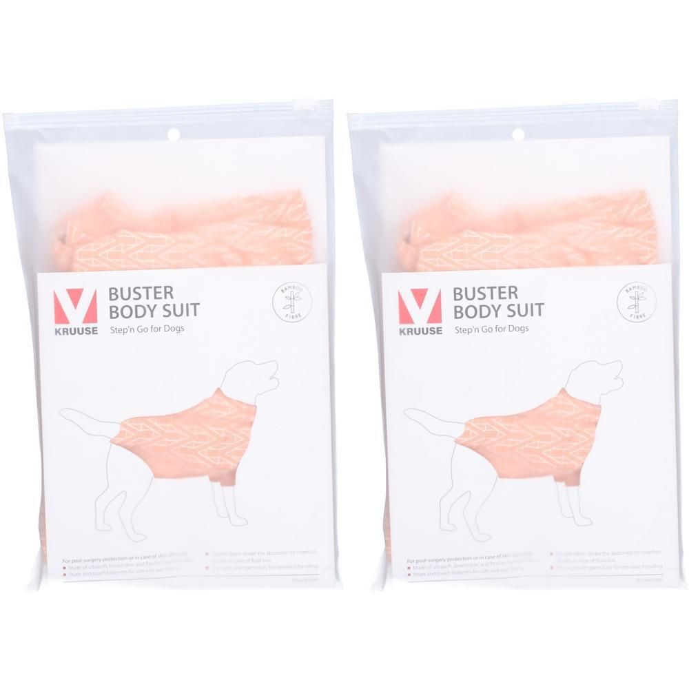 Zwei BUSTER Body Suit in Plastikverpackung. Aufdruck: Logo, Schriftzug, Hundeabbildung. Farbe: Lachs.