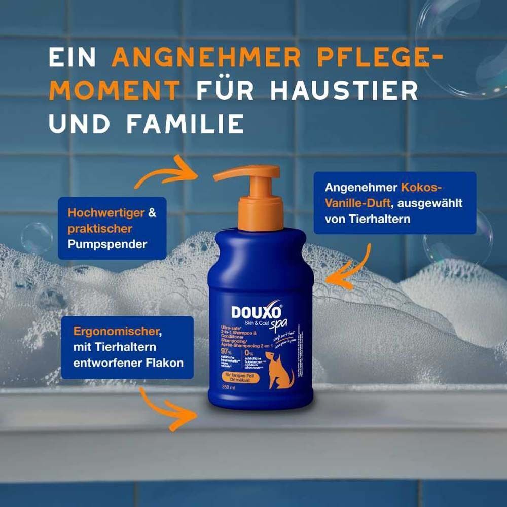 Blauwe Flasche DOUXO SPA 2-in-1 Shampoo & Conditioner. Text: Hochwertiger Pumpspender. Ergonomischer Flakon. Kokos-Vanille-Duft.
