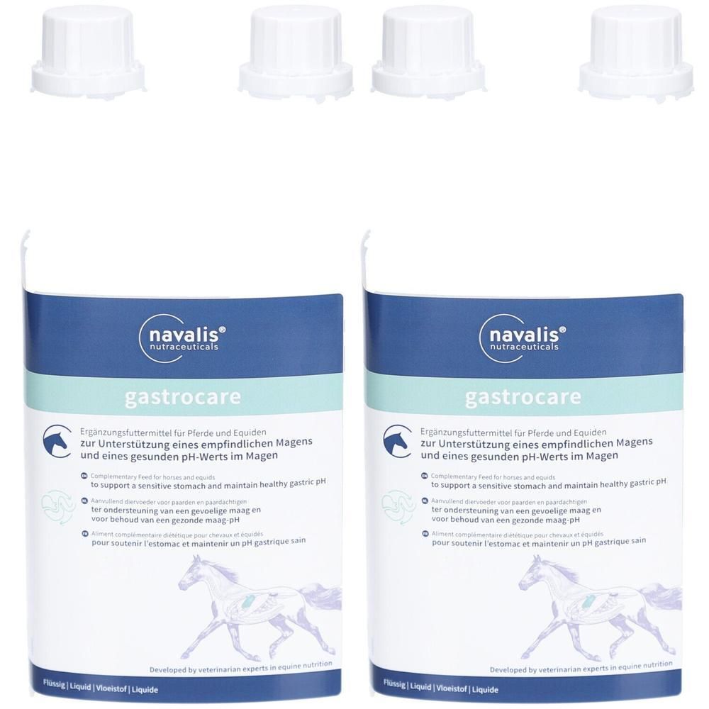 Zwei Flaschen mit weißem Deckel. Aufschrift gastrocare und navalis. Produkt für Pferde.