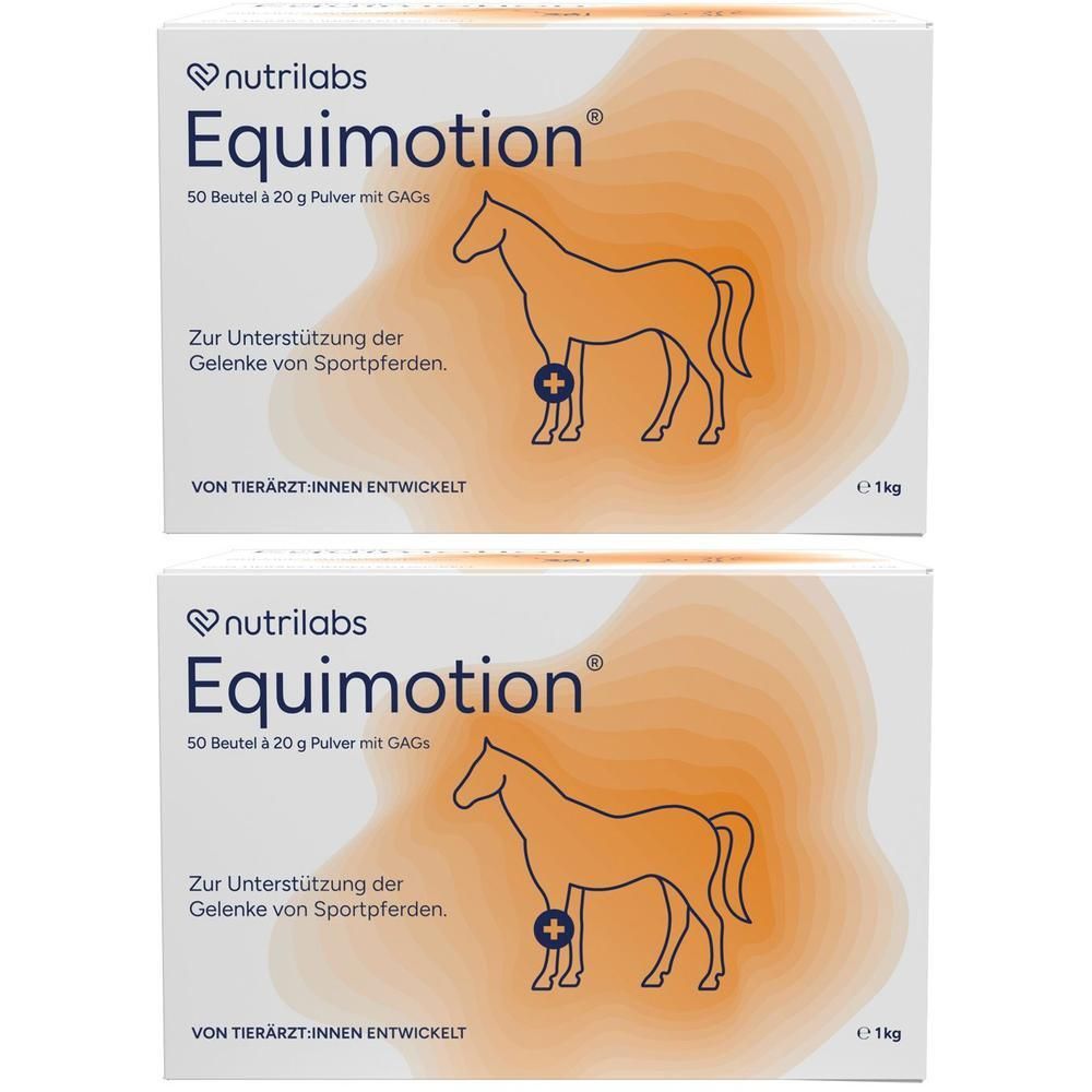 Zwei Kartons mit Produktaufdruck. Aufschrift: Equimotion, 50 Beutel, Pulver für Sportpferde. Mit Pferde-Illustration.