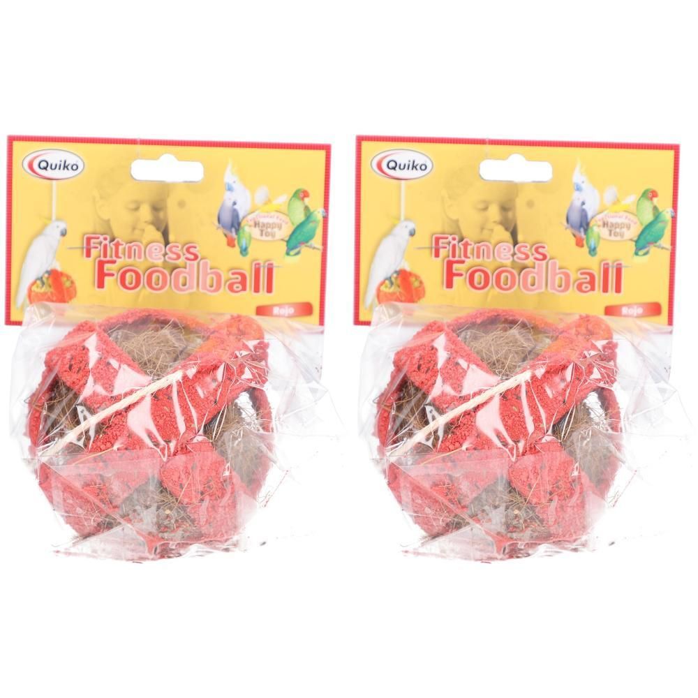 Zwei Fitness Foodball Rojo, verpackt. Roter Ball mit Holzstab. Gelbe Verpackung mit Logo und Produktname.