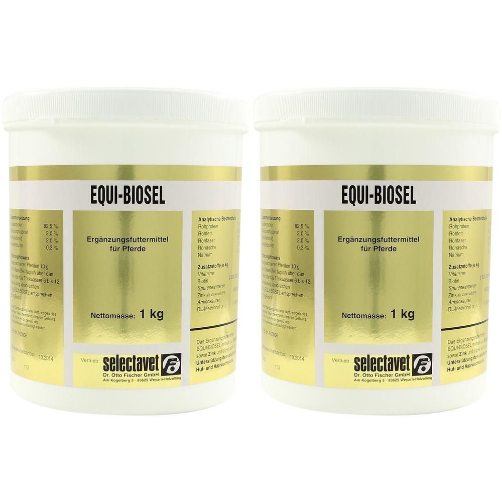 Zwei weiße Behälter mit goldfarbenen Etiketten. Aufschrift: EQUI-BIOSEL, Ergänzungsfuttermittel für Pferde. Nettomasse: 1 kg. Marke: selectavet.