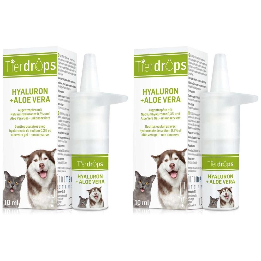 Zwei Packungen Tierdrops Hyaluron + Aloe Vera. Weiße Flaschen mit grüner Verpackung. Aufdrucke: Hyaluron + Aloe Vera, 10 ml, Hunde- und Katzenabbildung.