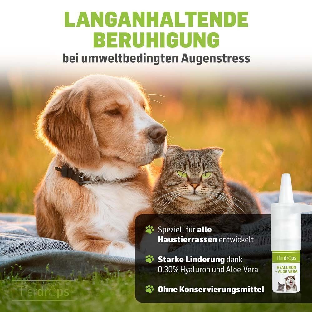 Hund und Katze sitzen im Gras. Flasche Tierdrops Hyaluron + Aloe Vera. Text: Langanhaltende Beruhigung, speziell für alle Haustierrassen.