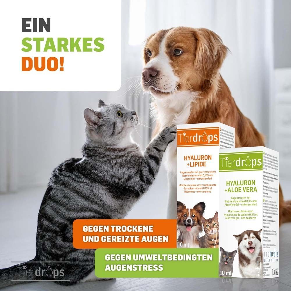 Katze und Hund. Zwei Tierdrops-Verpackungen. Text: Gegen trockene und gereizte Augen, gegen umweltbedingten Augenstress. 10 ml.