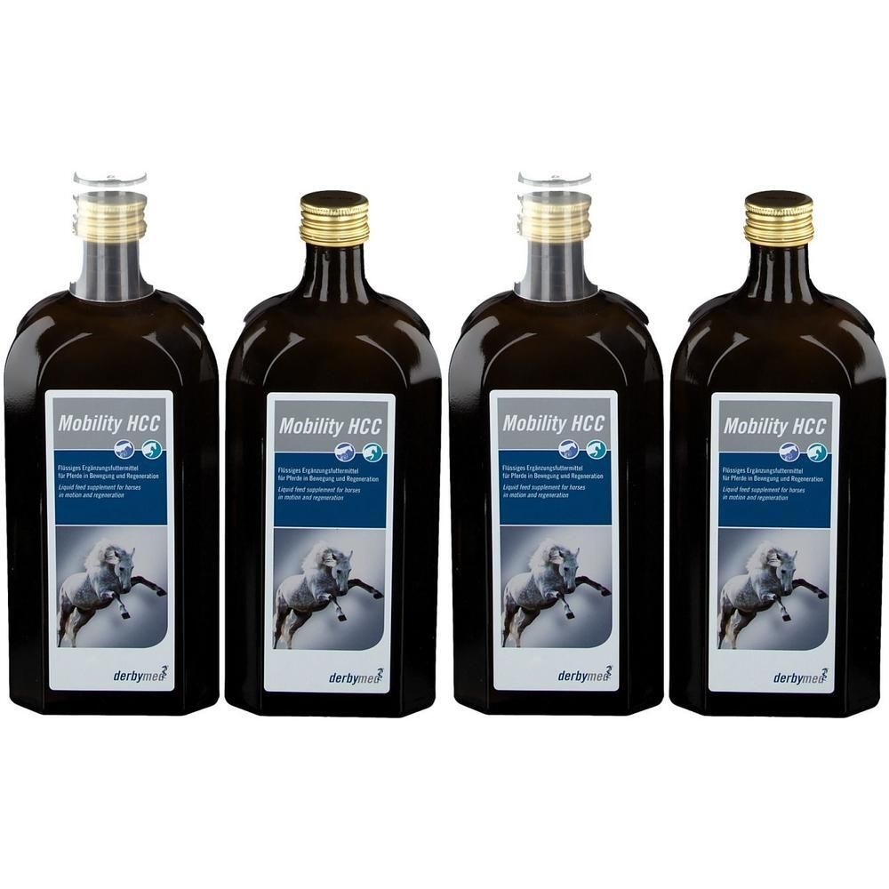 Vier Flaschen Mobility HCC. Braune Glasflaschen mit goldenen Verschlüssen. Etikett mit Produktname, Pferd-Illustration und Logo.