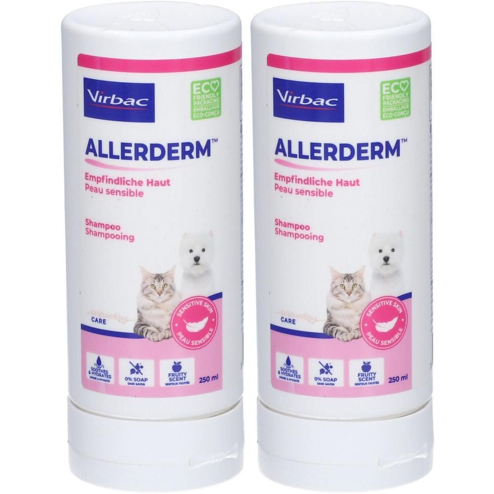 Zwei weiße Flaschen ALLERDERM® Shampoo. Aufschrift: Empfindliche Haut, Peau sensible. Abbildung von Katze und Hund. Mit Eco-Siegel.