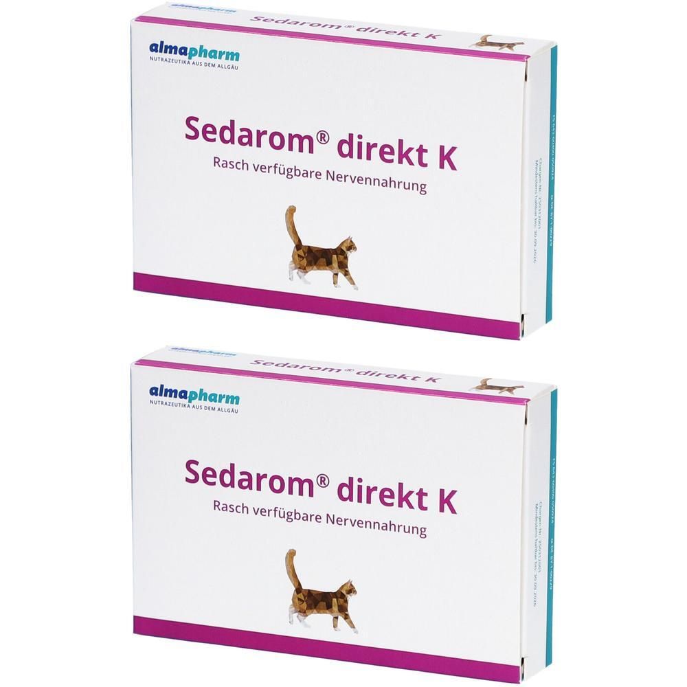Zwei weiße Kartons mit Produktnamen Sedarom direkt K und Katze-Illustration. Marke: almapharm.