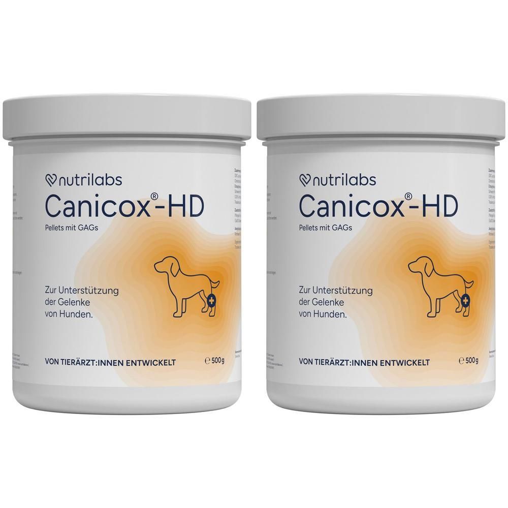 Zwei weiße Dosen mit Deckel. Aufschrift: Canicox-HD, Pellets für Hunde. Mit Logo und Text: Zur Unterstützung der Gelenke von Hunden.