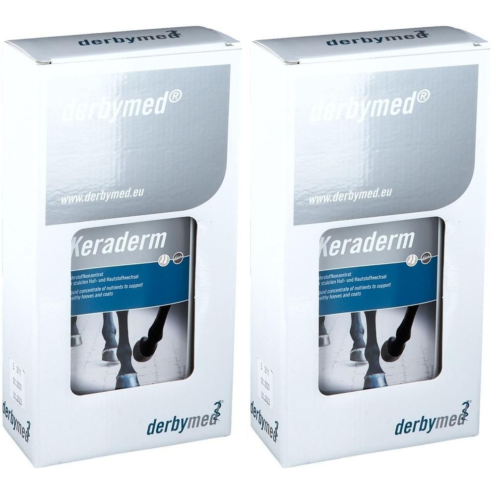 Zwei weiße Kartons mit derbymed® Keraderm. Sichtfenster zeigt Produktabbildung. Logo und Produktname deutlich sichtbar.