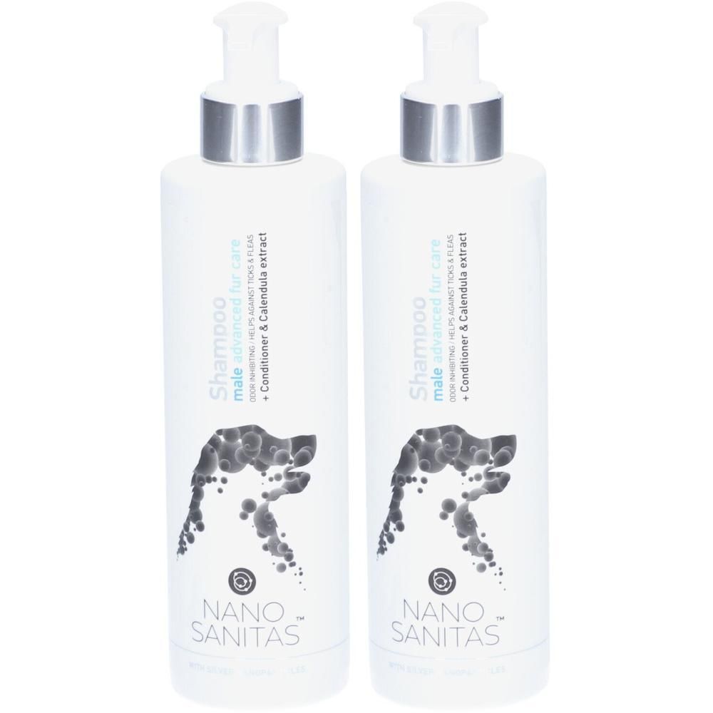 Zwei weiße Shampoo-Flaschen mit Pumpaufsatz. Aufschrift: Shampoo male advanced fur care. Logo: Hund. Marke: Nano Sanitas.