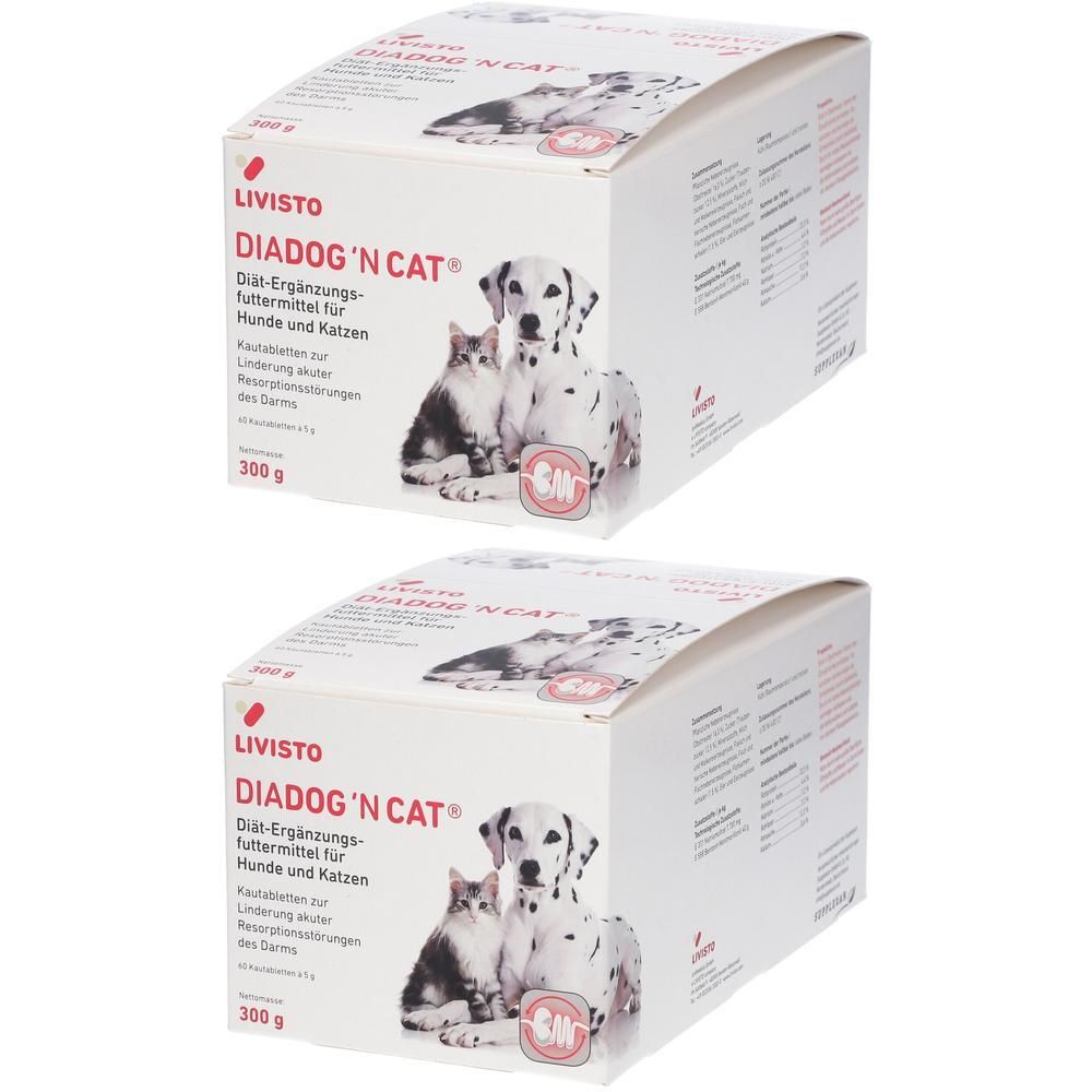 Zwei Kartons mit Produktaufdruck. Aufdruck: LIVISTO DIADOG'N CAT, Ergänzungsfuttermittel für Hunde und Katzen. Abbildung von Hund und Katze.