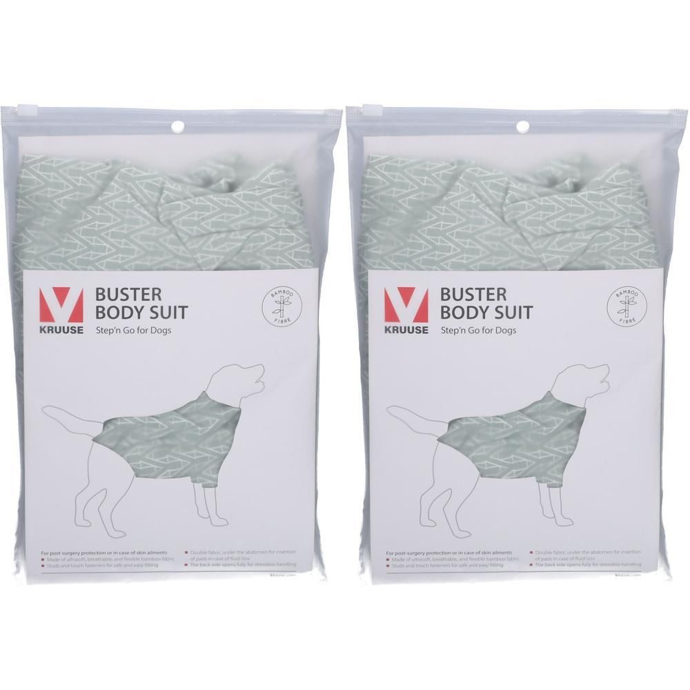 Zwei BUSTER Body Suits für Hunde in XL-Größe, verpackt in transparenten Beuteln. Auf der Verpackung ist das Produkt abgebildet.