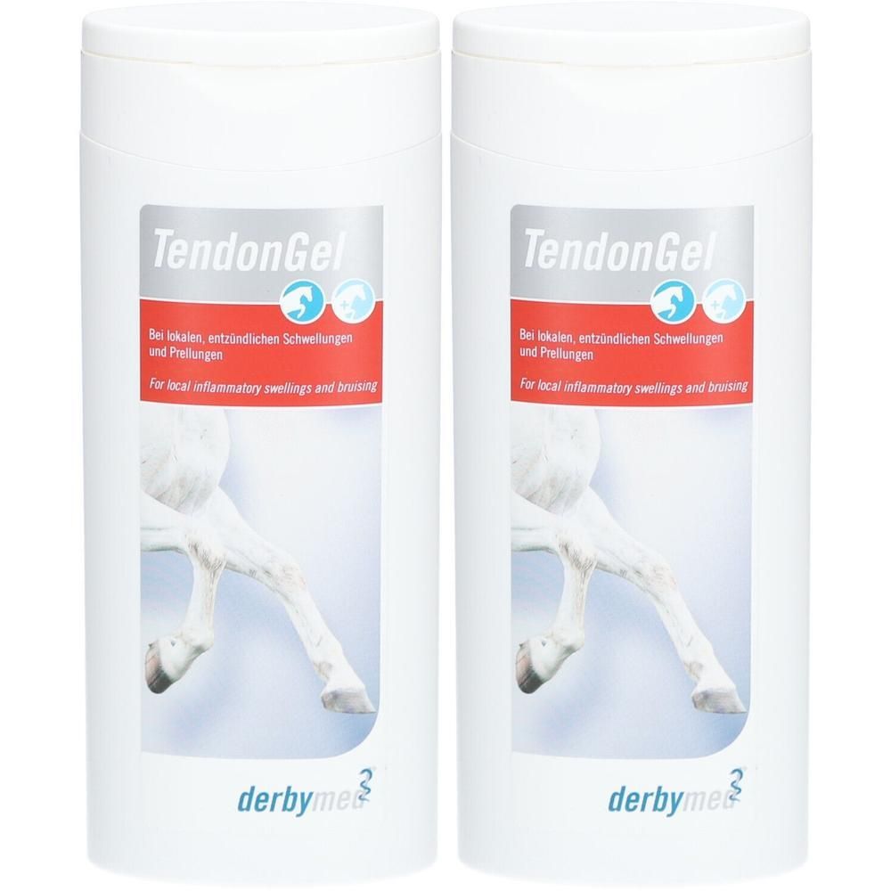 Zwei weiße Flaschen mit Etiketten. Aufschrift: TendonGel. Darunter Text in Deutsch und Englisch. Logo von derbymed.