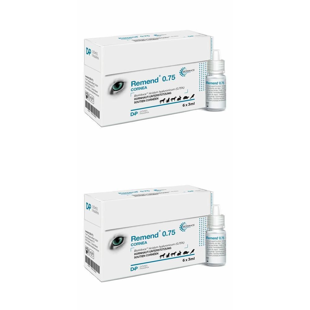 Remend 0.75 Cornea: Zwei Packungen mit je einer Schachtel und einer 5ml Flasche Augentropfen.