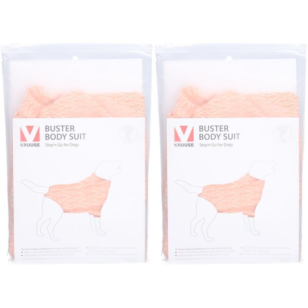 Zwei BUSTER BODY SUIT Step´n Go für Hunde in Plastikverpackung. Aufdruck mit Produktabbildung und Logo.