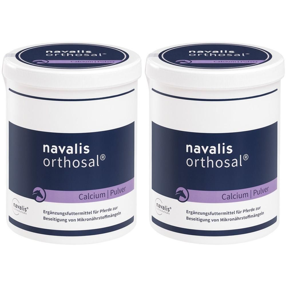 Zwei weiße Dosen mit blauem Etikett. Aufschrift: navalis orthosal Calcium Pulver. Ergänzungsfuttermittel für Pferde.