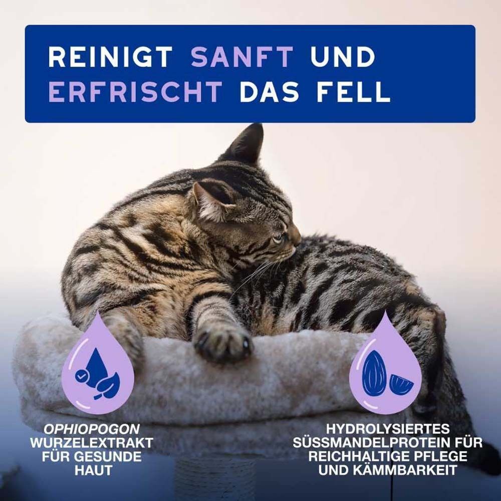 Katze auf einem Katzenbett. Text: Reinigt sanft und erfrischt das Fell. Illustrationen von Inhaltsstoffen.