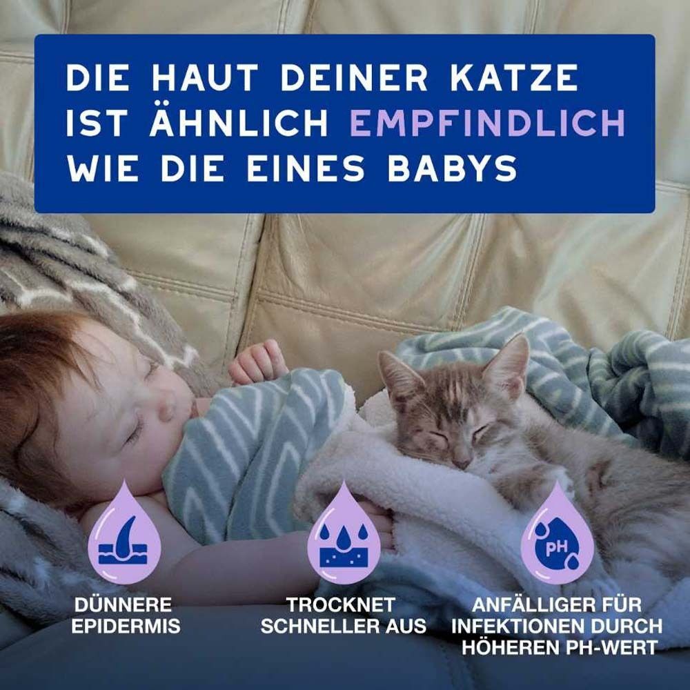 Baby und Katze liegen zusammen. Text: Die Haut deiner Katze ist ähnlich empfindlich wie die eines Babys. Illustrationen.